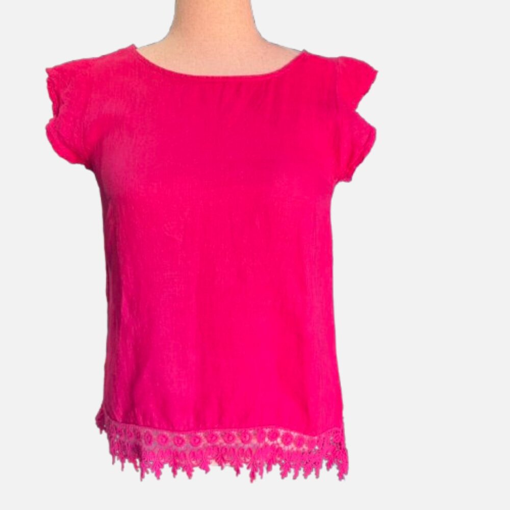 Terzo Millennio Linen Pink Crocheted Lace Trim Flutter Sleeve Blouse (Size M)